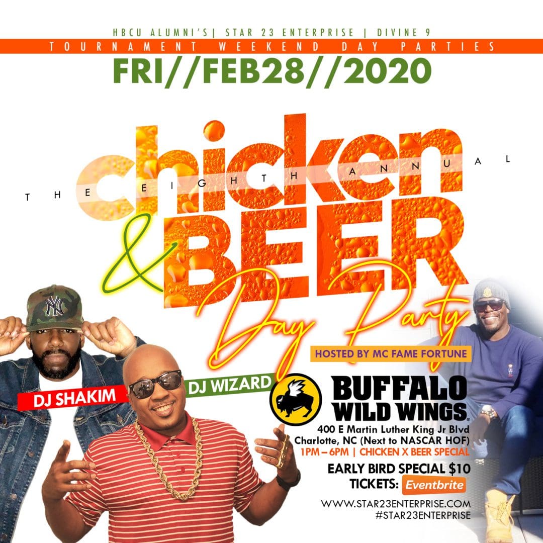 A flyer for chicken and beer by dj buffalo wild wings.