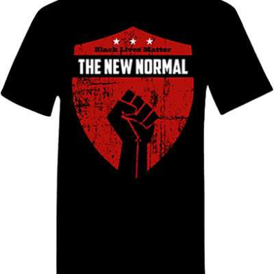 A black shirt with the words " the new normal ".