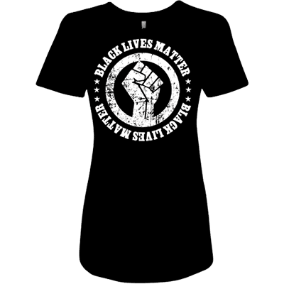 A black lives matter t-shirt with a fist.