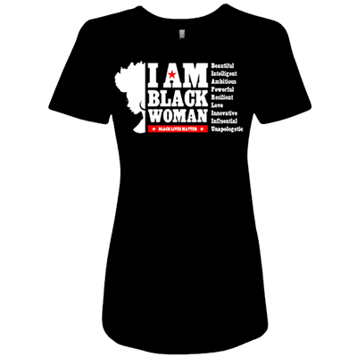 A black woman is wearing a t-shirt with the words " i am black woman ".