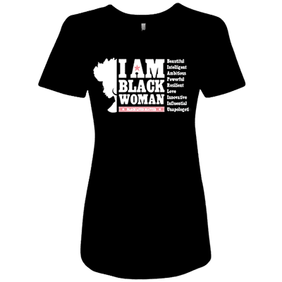 A black woman is wearing a t-shirt with the words " i am black woman ".