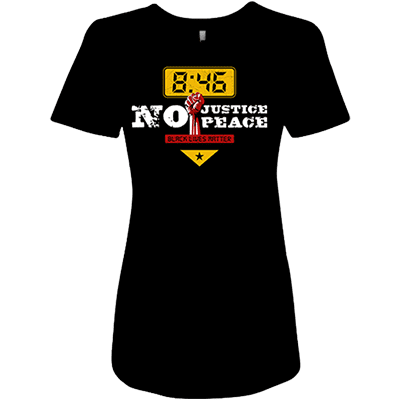 A black shirt with the number 8 : 4 6 and the time of justice for peace.