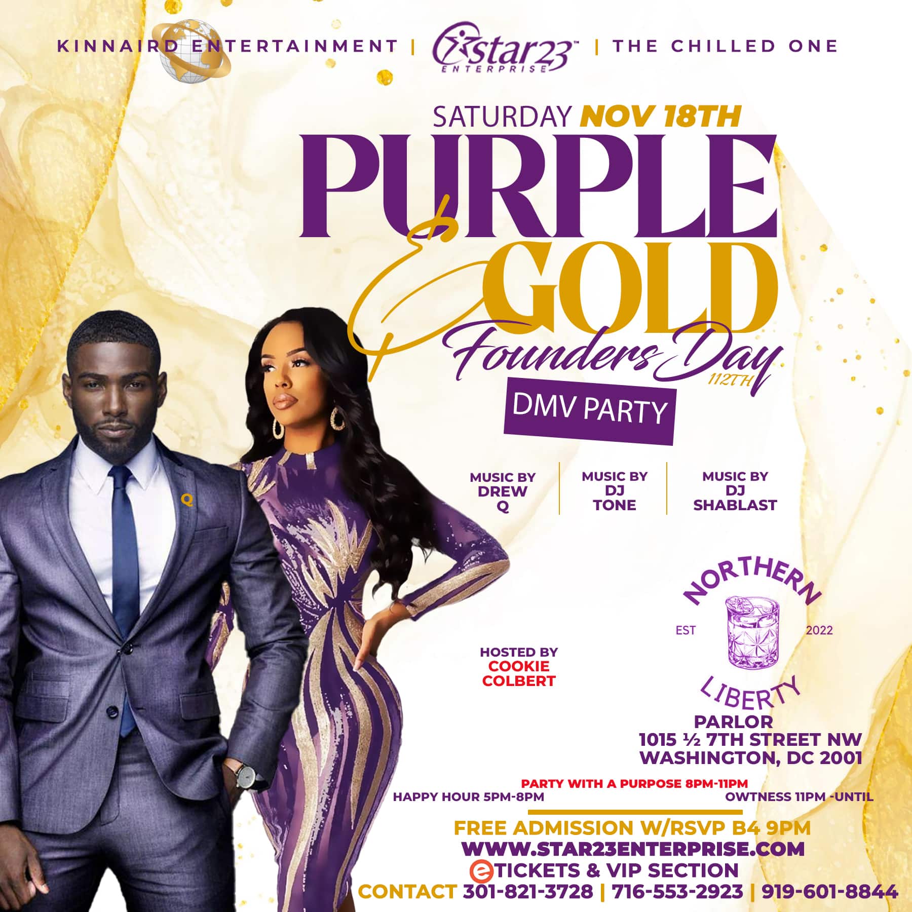 A purple and gold founders day party flyer